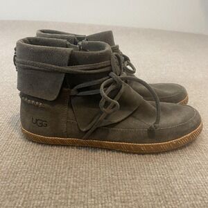 UGG Booties Womens Size 8 Gray Suede Ankle Lace Up Zip Casual Boots 1019129